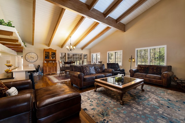 living room with a skylight, a notable chandelier, beam ceiling, high vaulted ceiling, and wood-type flooring