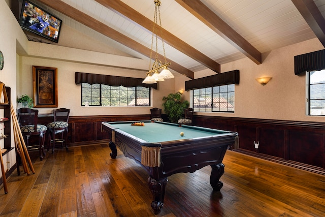 recreation room with dark hardwood / wood-style flooring, a wealth of natural light, and pool table