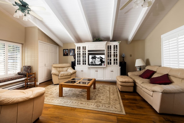 living room featuring dark wood-type flooring, ceiling fan, and lofted ceiling with beams