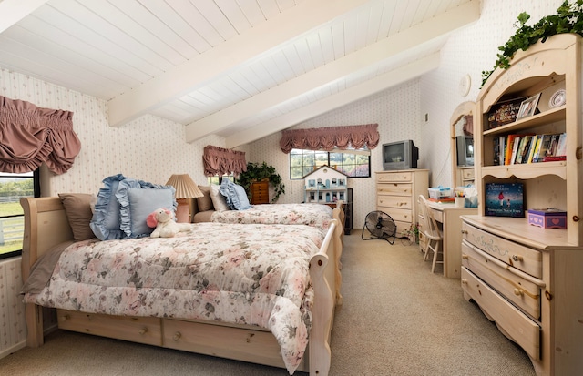 bedroom featuring vaulted ceiling with beams and light carpet