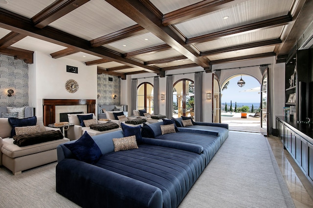 interior space with beamed ceiling and coffered ceiling