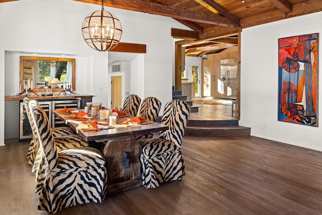 interior space with an inviting chandelier, lofted ceiling with beams, dark hardwood / wood-style floors, and wood ceiling