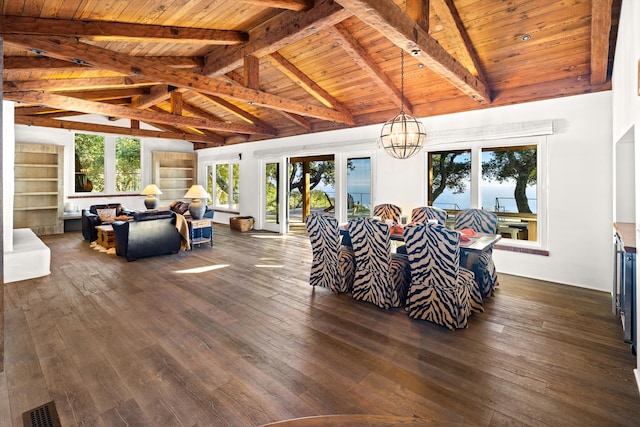 living room featuring dark hardwood / wood-style floors, beam ceiling, wood ceiling, and a chandelier