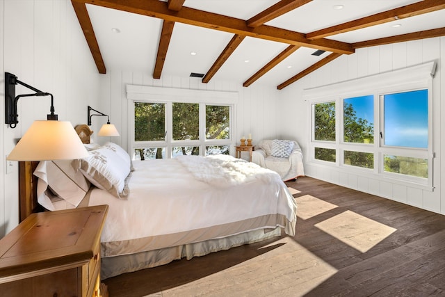 bedroom featuring lofted ceiling with beams and dark hardwood / wood-style flooring