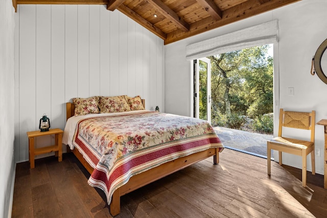 bedroom featuring wood-type flooring, vaulted ceiling with beams, access to exterior, and wooden ceiling