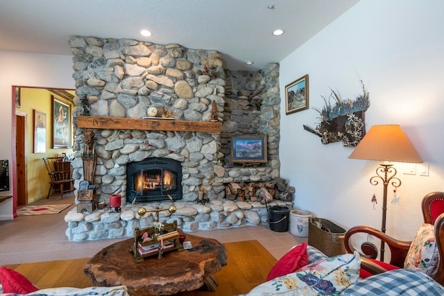 tiled living room featuring a fireplace