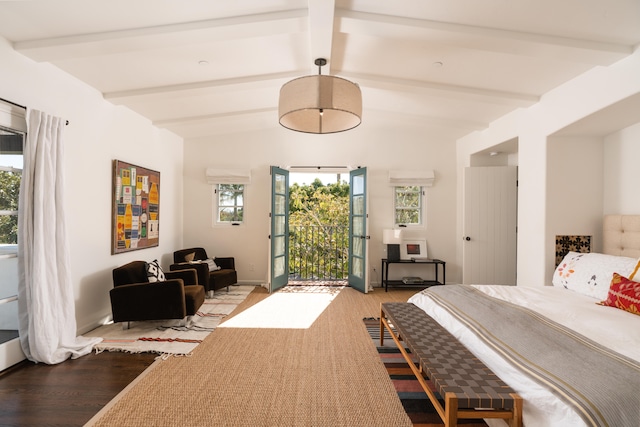 bedroom featuring access to outside, vaulted ceiling with beams, and hardwood / wood-style floors