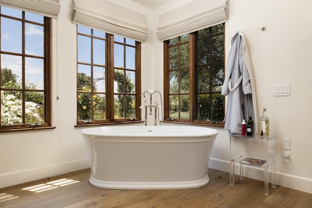 bathroom with hardwood / wood-style floors and a washtub