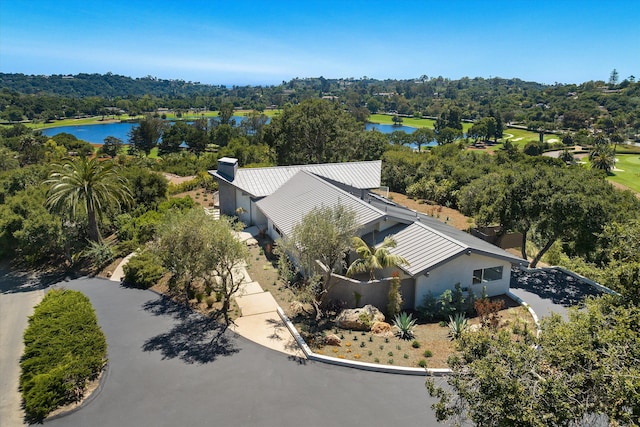 drone / aerial view with a water view