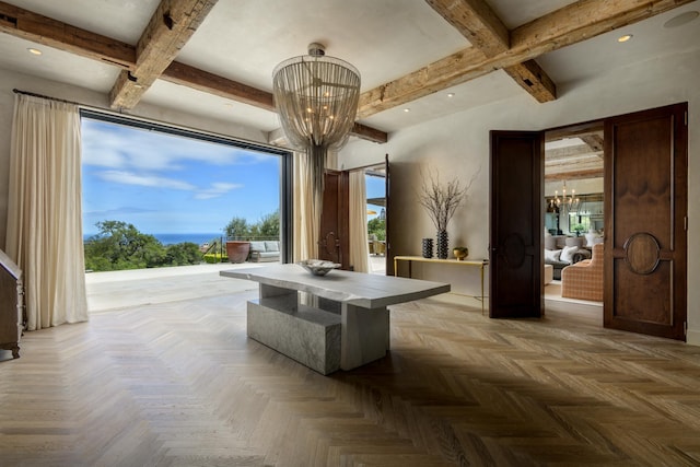 unfurnished dining area featuring an inviting chandelier, beamed ceiling, and recessed lighting