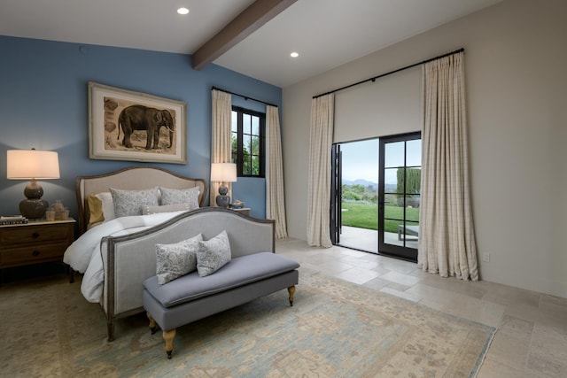 bedroom featuring access to exterior, vaulted ceiling with beams, stone tile floors, recessed lighting, and baseboards