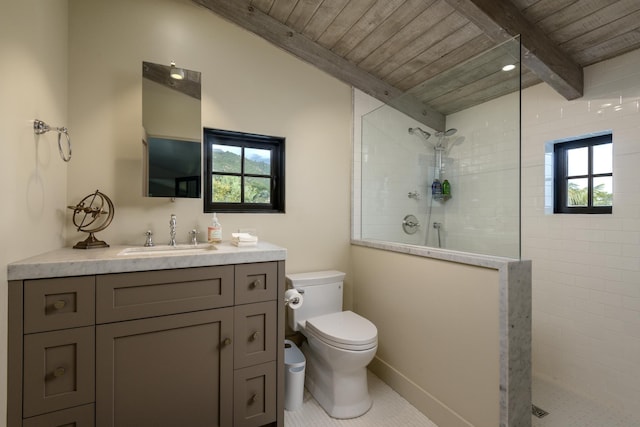 full bath with toilet, wood ceiling, a walk in shower, and beam ceiling