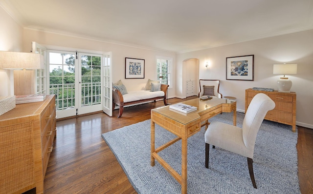 office featuring ornamental molding and dark hardwood / wood-style flooring