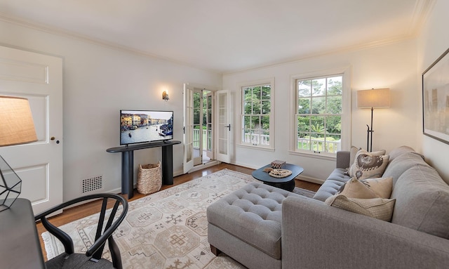 living room featuring crown molding and wood-type flooring