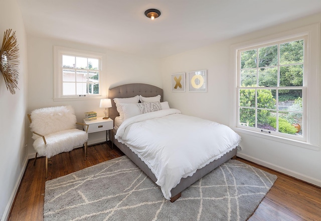 bedroom featuring multiple windows and dark hardwood / wood-style flooring