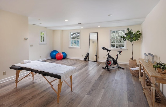 exercise room with hardwood / wood-style flooring