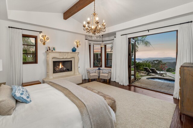 bedroom with a chandelier, lofted ceiling with beams, access to outside, and dark hardwood / wood-style floors