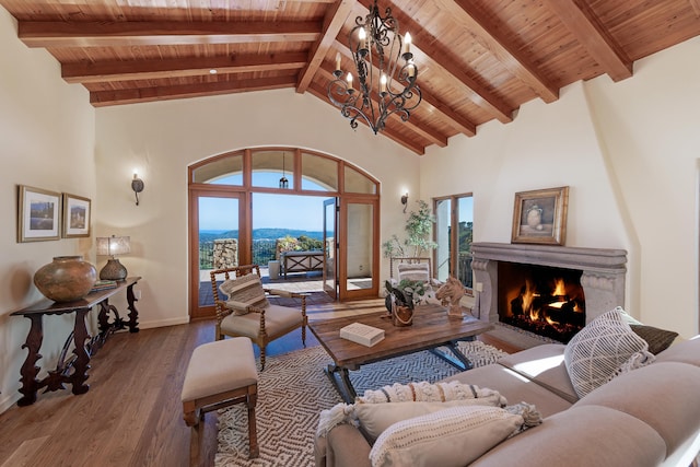 living room with wood-type flooring, high vaulted ceiling, a fireplace, and wood ceiling