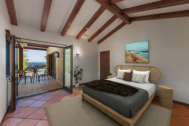 bedroom featuring lofted ceiling with beams, tile floors, and access to outside