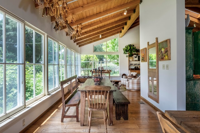 sunroom with lofted ceiling with beams and wood ceiling