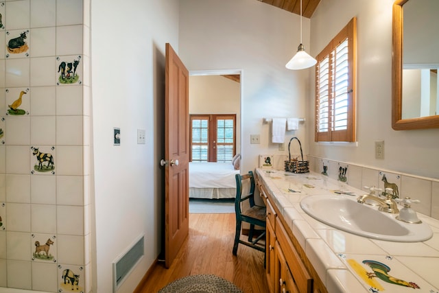 bathroom with vanity and wood-type flooring