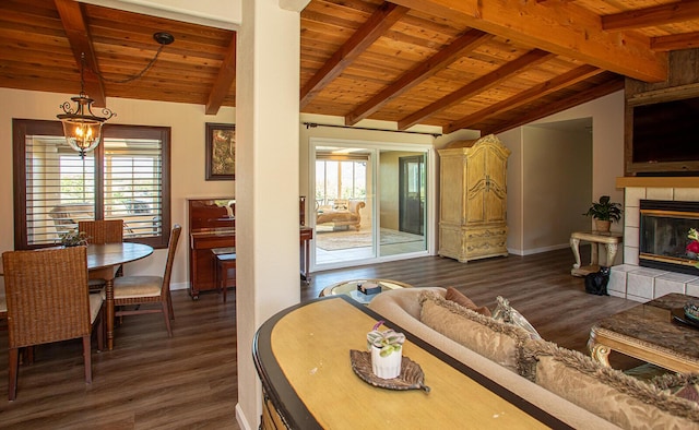 living room with vaulted ceiling with beams, dark hardwood / wood-style floors, wooden ceiling, and a fireplace