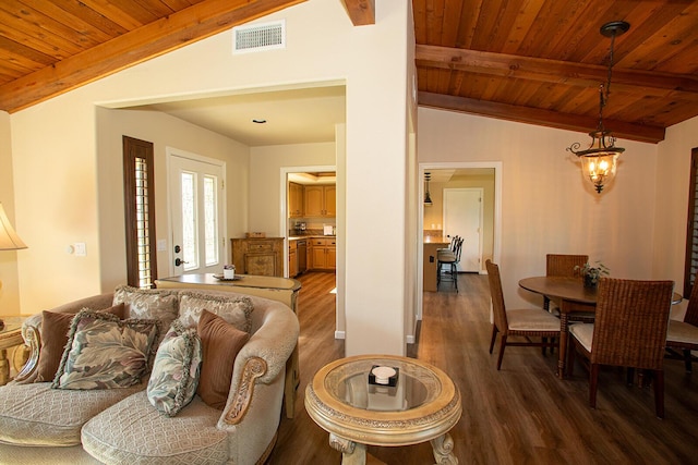 living room with a notable chandelier, lofted ceiling with beams, dark hardwood / wood-style floors, and wood ceiling