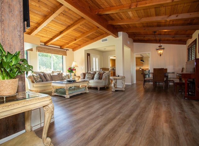 living room featuring lofted ceiling with beams, wooden ceiling, dark hardwood / wood-style floors, and a notable chandelier