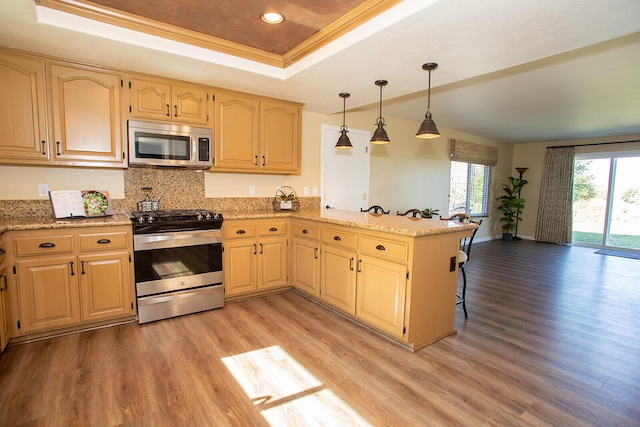 kitchen with hanging light fixtures, stainless steel appliances, kitchen peninsula, crown molding, and a tray ceiling