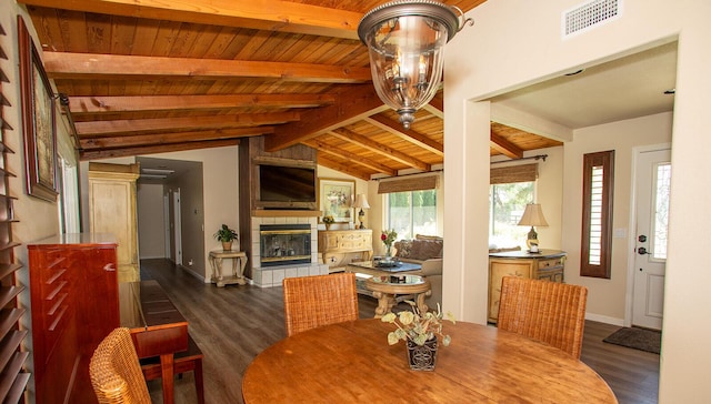 dining space featuring dark hardwood / wood-style flooring, lofted ceiling with beams, wood ceiling, and a tiled fireplace