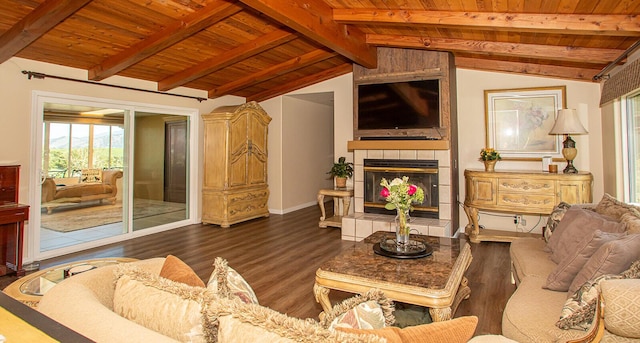 living room featuring lofted ceiling with beams, wooden ceiling, a fireplace, and dark wood-type flooring