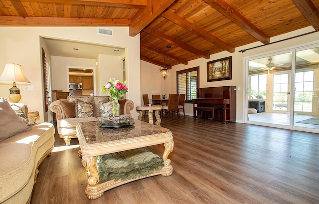 living room with vaulted ceiling with beams, ceiling fan, dark hardwood / wood-style flooring, and wood ceiling