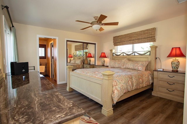 bedroom featuring a closet, ceiling fan, and dark wood-type flooring