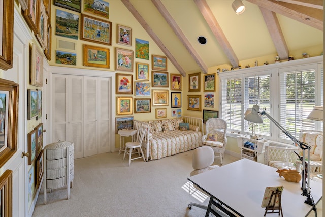 interior space featuring high vaulted ceiling, a closet, carpet flooring, and beam ceiling