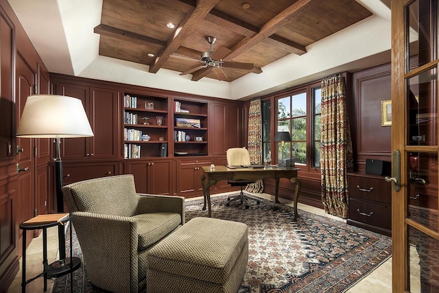 office space with beam ceiling, ceiling fan, and wood ceiling