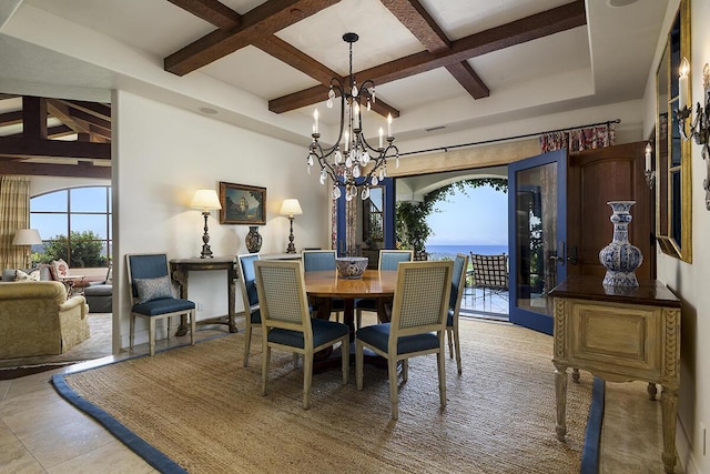 dining area featuring a chandelier, beamed ceiling, light tile patterned floors, and coffered ceiling