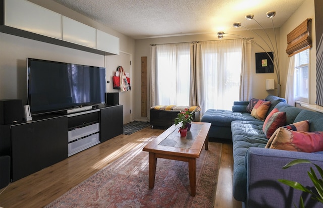 living room featuring plenty of natural light, a textured ceiling, and wood finished floors