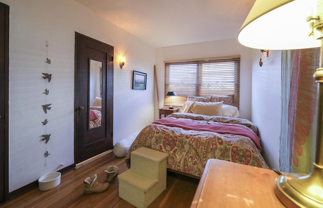 bedroom with dark hardwood / wood-style floors