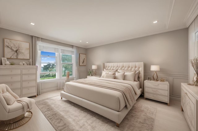 5415 Campbell Rd, Lompoc, CA 93436 - bedroom with crown molding, light wood-style flooring, recessed lighting, and wainscoting