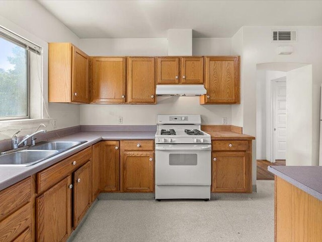 kitchen with under cabinet range hood, a sink, visible vents, white range with gas cooktop, and light floors