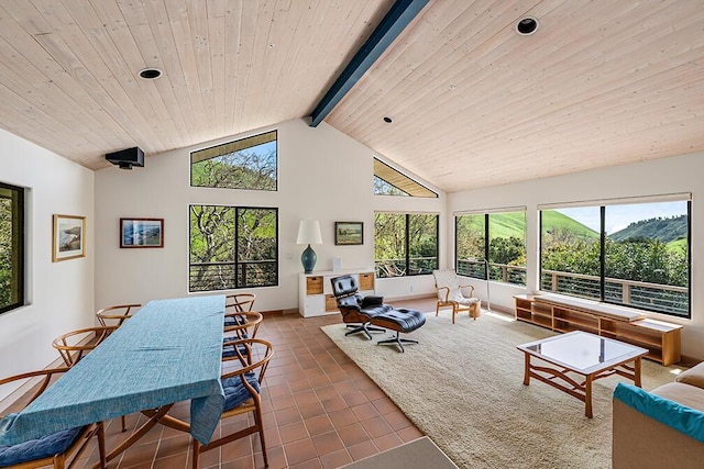 sunroom / solarium featuring wooden ceiling, a wealth of natural light, and lofted ceiling with beams