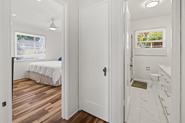 interior space with wood-type flooring, toilet, vanity, and ceiling fan