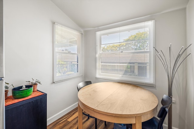 dining space featuring dark wood-type flooring, lofted ceiling, and plenty of natural light