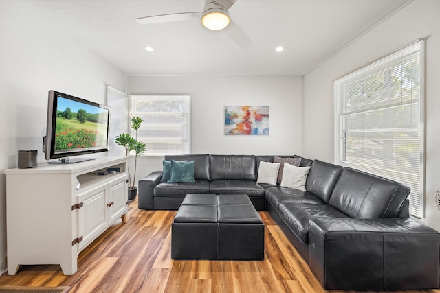 living room featuring light wood-type flooring, a wealth of natural light, and ceiling fan