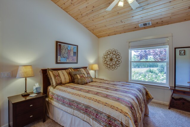 bedroom with wood ceiling, light carpet, ceiling fan, and vaulted ceiling