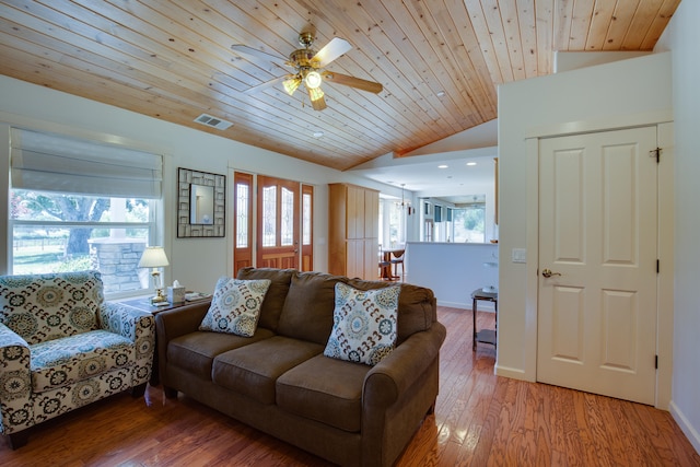 living room featuring wooden ceiling, hardwood / wood-style flooring, and lofted ceiling