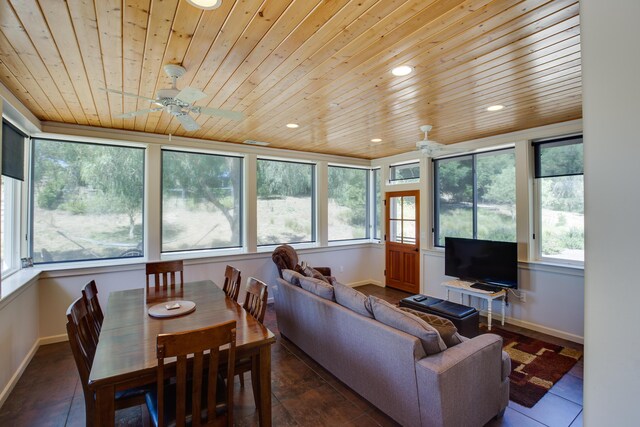 interior space with wooden ceiling, a healthy amount of sunlight, and ceiling fan