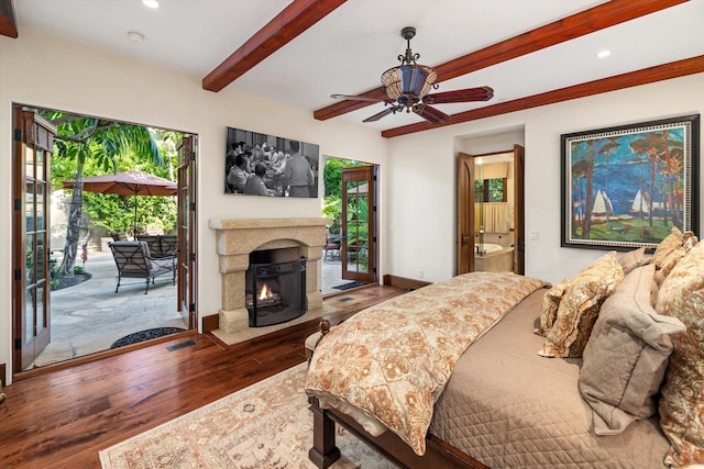 bedroom featuring connected bathroom, beam ceiling, ceiling fan, access to exterior, and hardwood / wood-style floors