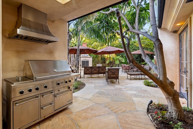 view of patio / terrace with area for grilling, an outdoor living space, and a grill