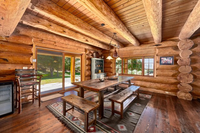 dining area with rustic walls, wood-type flooring, beam ceiling, and wooden ceiling